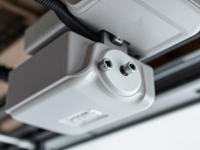 Technician adjusting garage door limit switch on opener unit