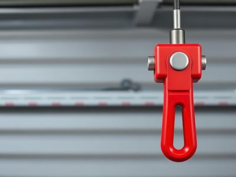 Red manual release cord on garage door opener track