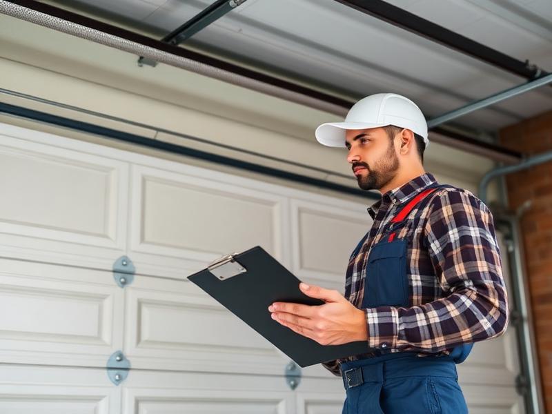 Technician repairing garage door spring mechanism