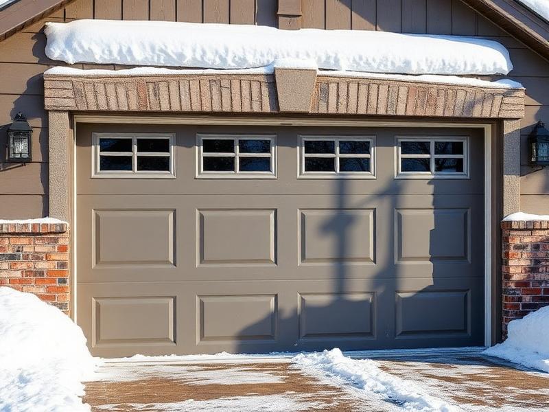 Snow-covered garage with insulated garage door in winter