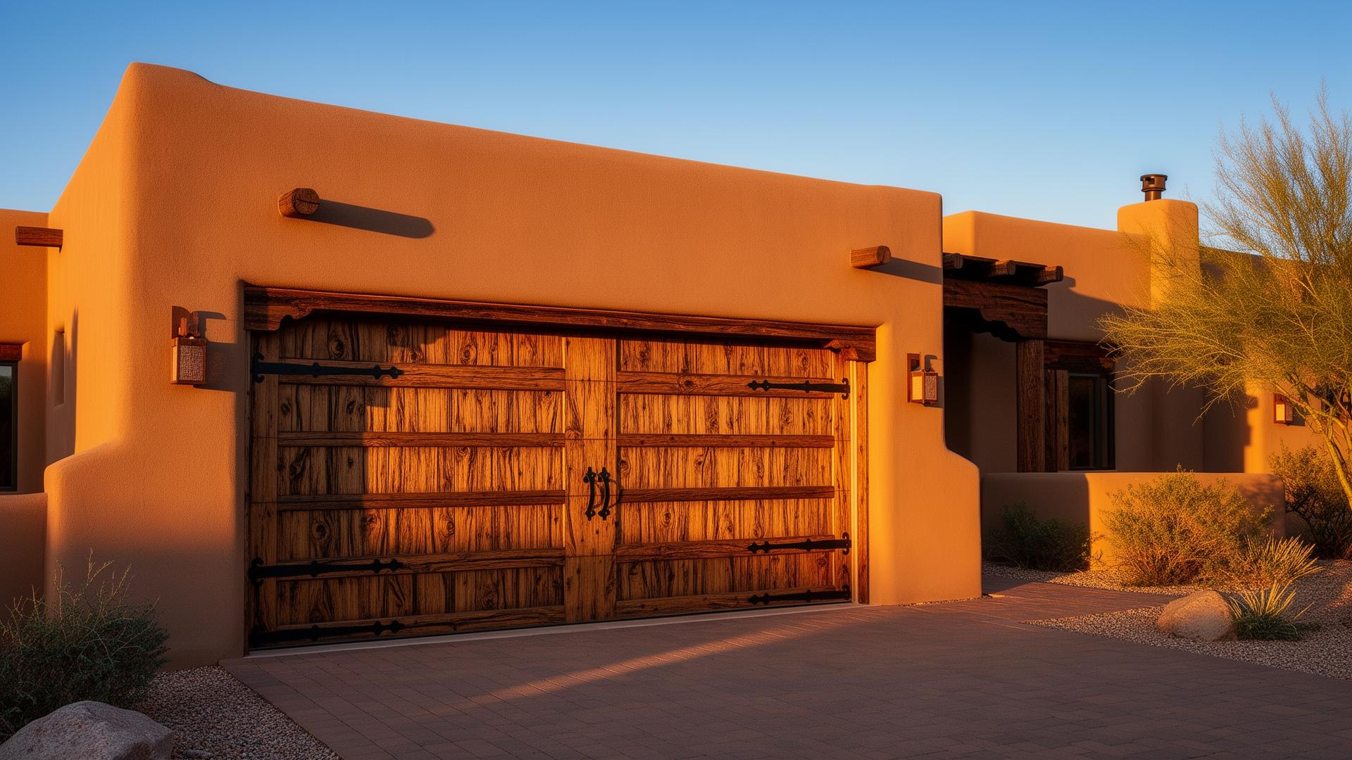 Rustic wood grain garage door with iron strap hinges on adobe home