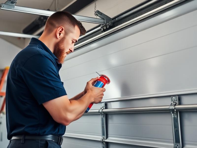 Professional garage door maintenance service being performed